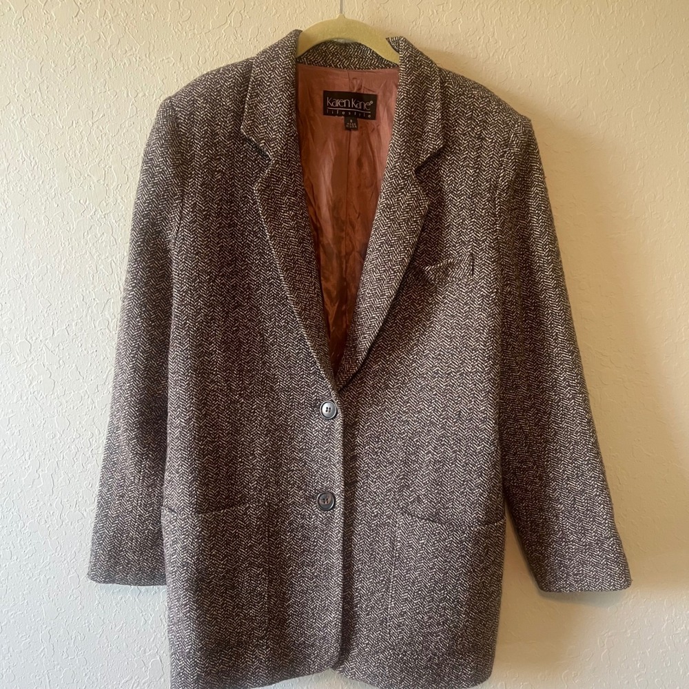 Vintage Karen Kane Blazer Womens Herringbone Jacket 8 Brown Cream Dark Academia